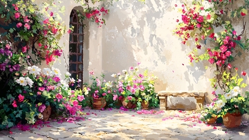 阳光下的花墙庭院