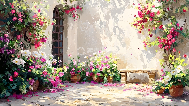 高清大图下载【趣麦麦图】阳光下的花墙庭院