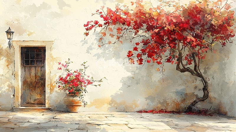 高清大图下载【趣麦麦图】红花绿叶白墙老门
