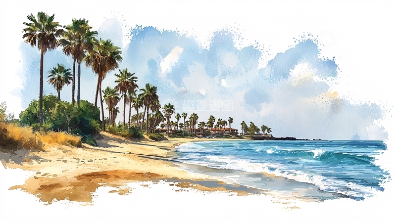 高清大图下载【趣麦麦图】水彩画海滩风景