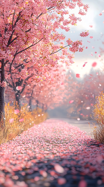 粉色樱花树林小路