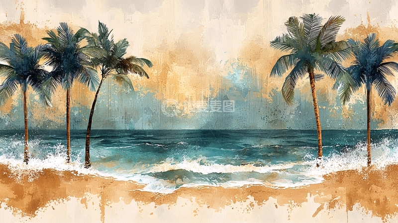 高清大图下载【趣麦麦图】水彩画海滩棕榈树风景
