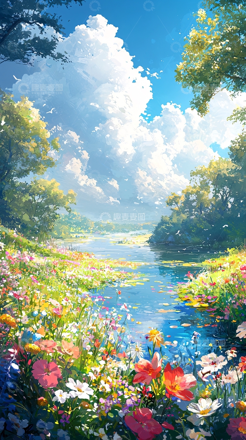 高清大图下载【趣麦麦图】阳光明媚的花海溪流