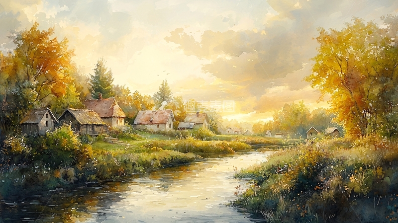 高清大图下载【趣麦麦图】夕阳下宁静乡村风景画