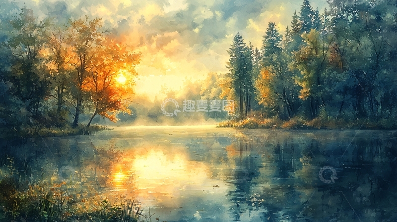 高清大图下载【趣麦麦图】清晨森林湖泊日出景色
