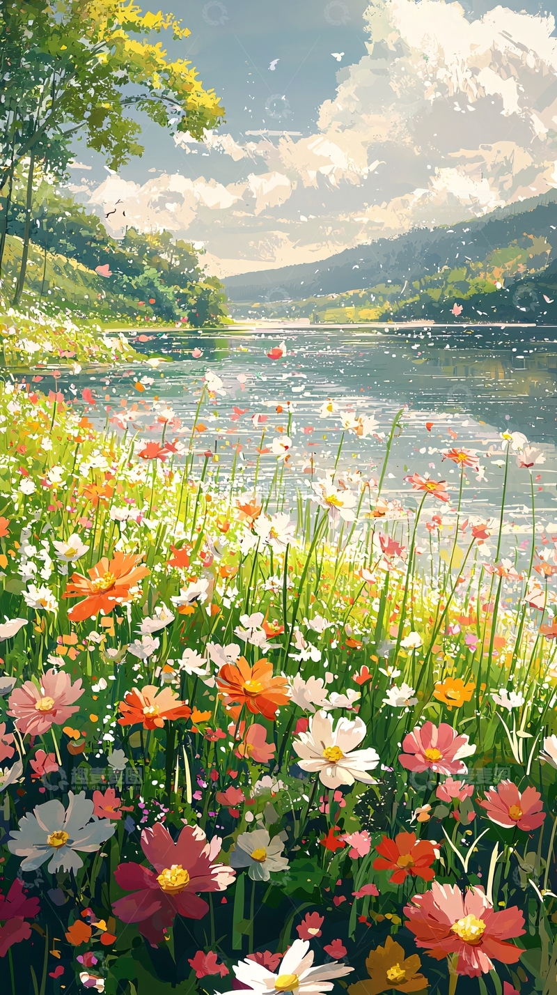 高清大图下载【趣麦麦图】湖边野花盛开