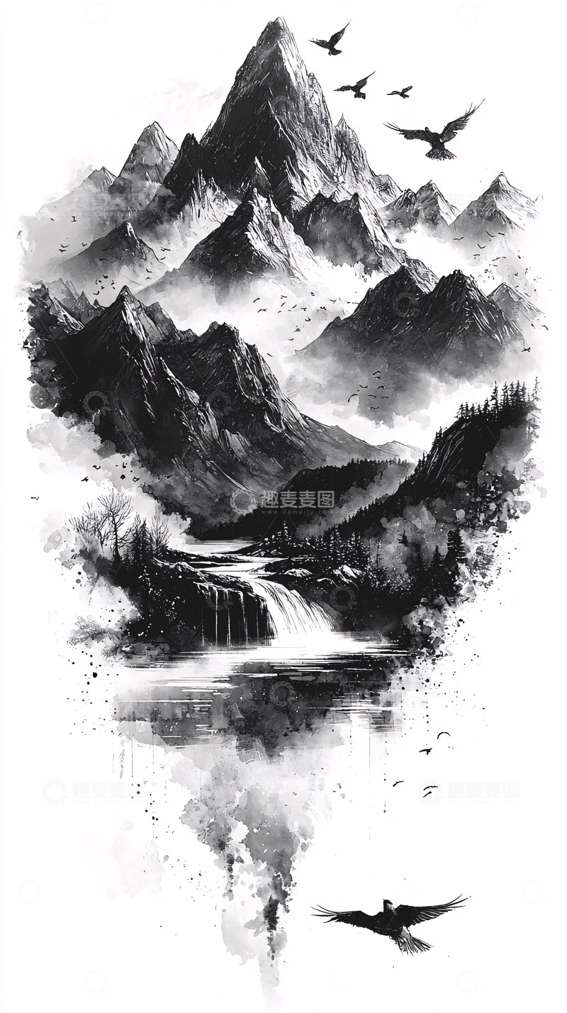 高清大图下载【趣麦麦图】水墨山水画1026