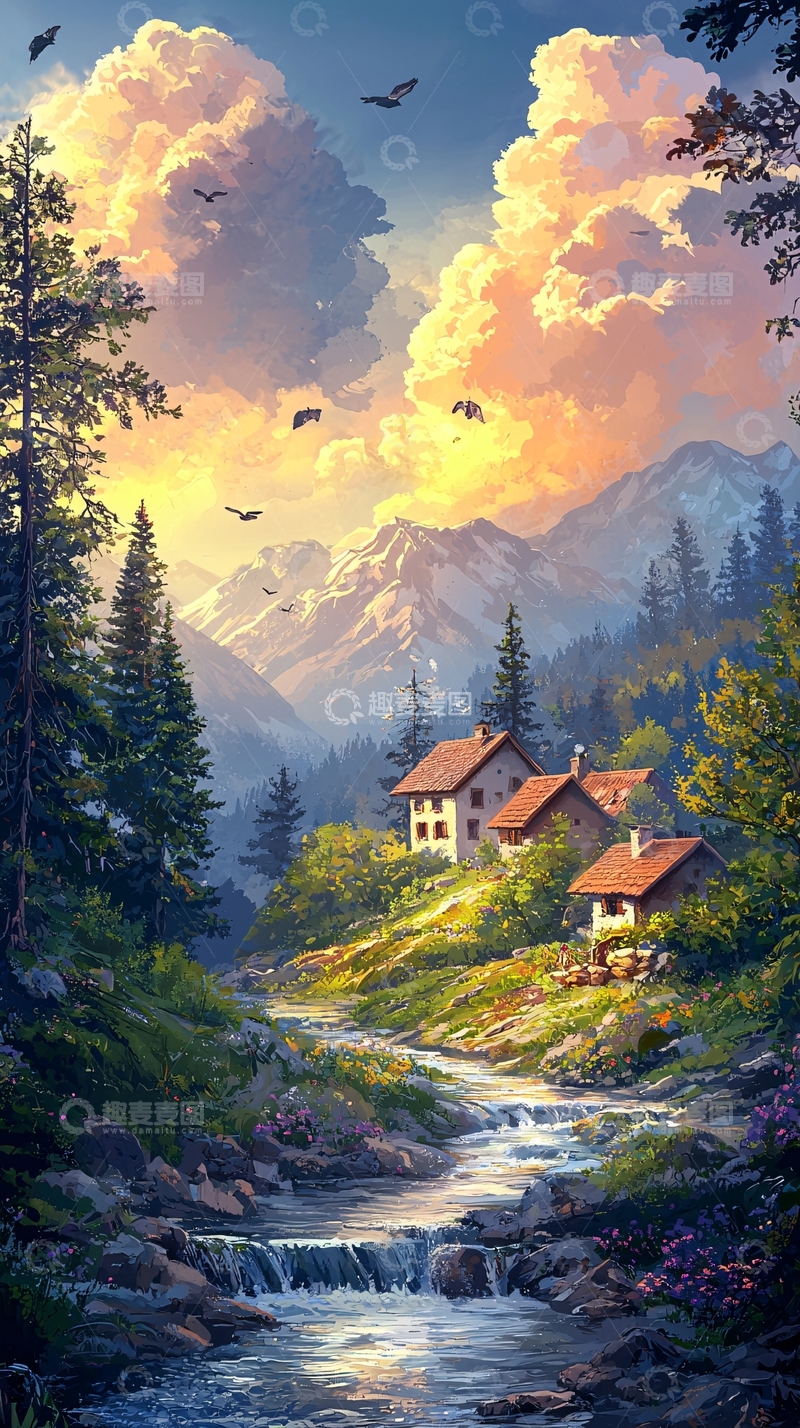 高清大图下载【趣麦麦图】山谷溪流傍晚村庄