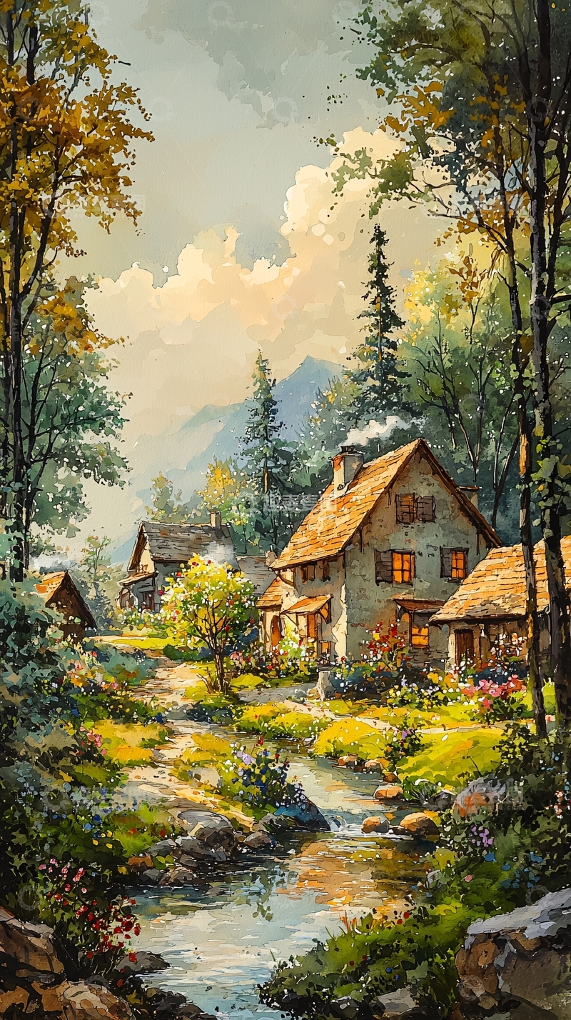 高清大图下载【趣麦麦图】山间小溪旁的乡村小屋