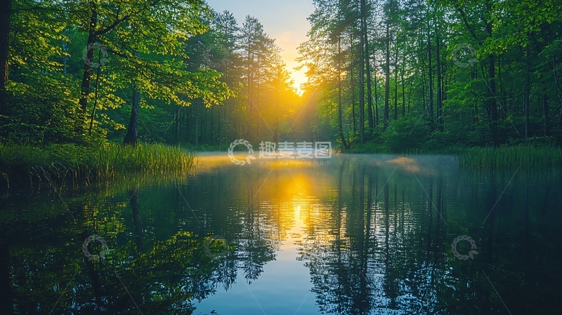 高清大图下载【趣麦麦图】清晨森林湖泊日出