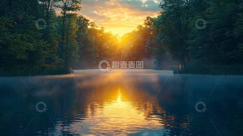 高清大图下载【趣麦麦图】清晨森林湖泊日出