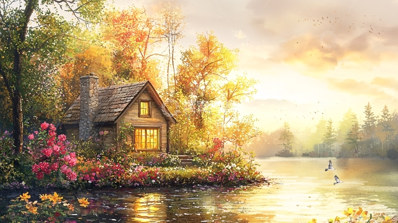 高清大图下载【趣麦麦图】秋日傍晚湖边小屋