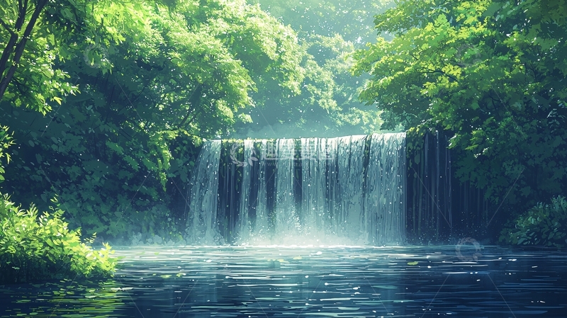 高清大图下载【趣麦麦图】绿树环绕下的宁静瀑布