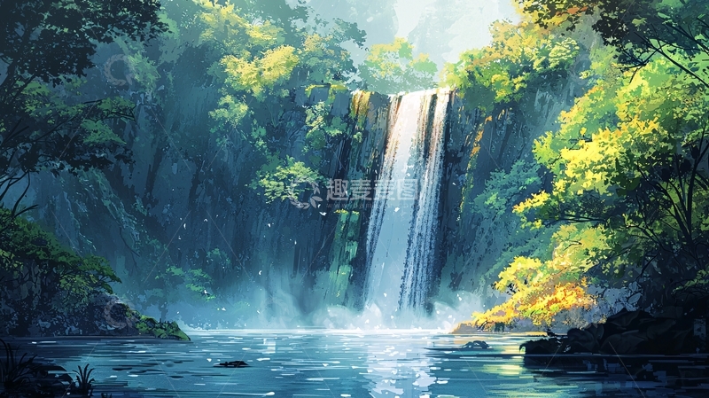 高清大图下载【趣麦麦图】梦幻森林瀑布