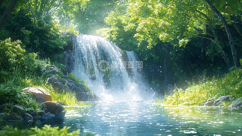高清大图下载【趣麦麦图】阳光森林瀑布