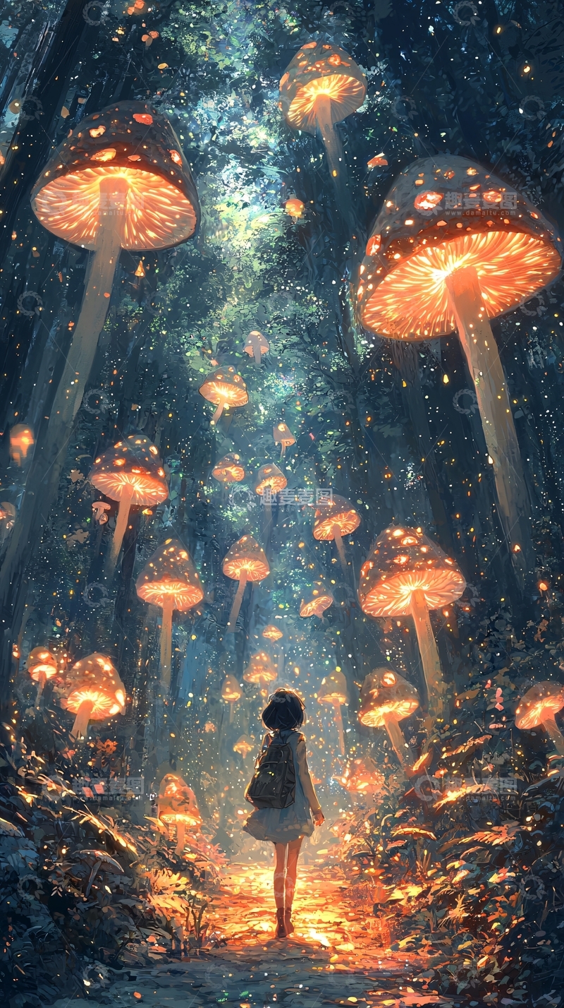 高清大图下载【趣麦麦图】发光蘑菇森林女孩