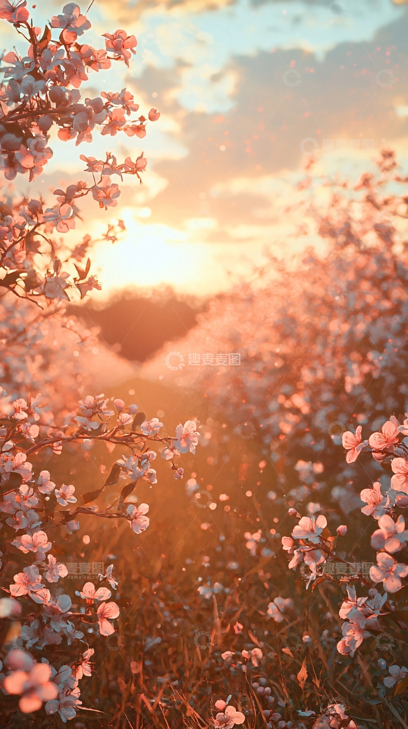 高清大图下载【趣麦麦图】夕阳下盛开的樱花树