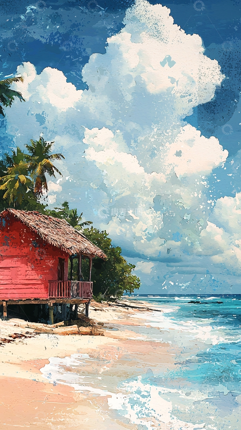 高清大图下载【趣麦麦图】红房子海边风景画