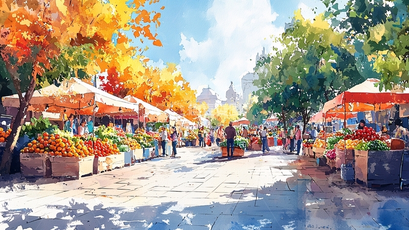 秋日阳光下的水果市场