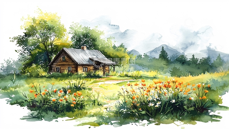高清大图下载【趣麦麦图】水彩田园小屋