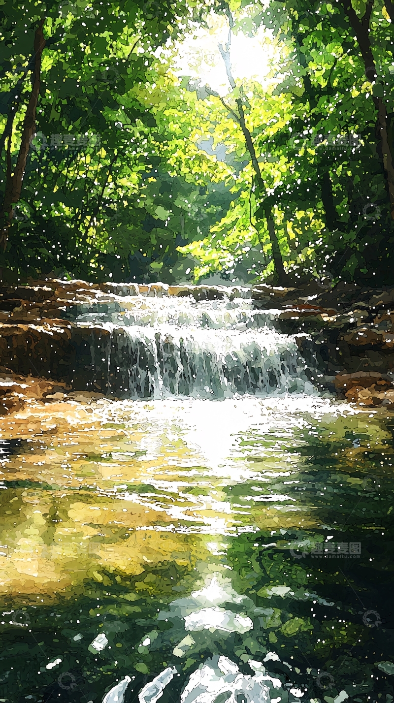 高清大图下载【趣麦麦图】阳光森林瀑布