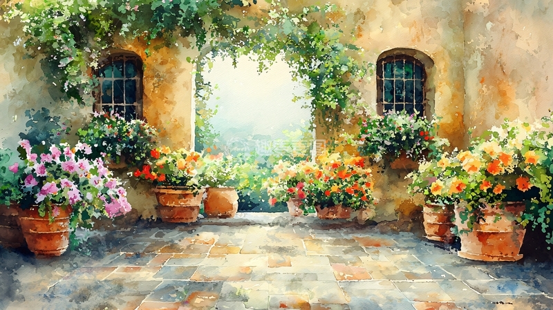 高清大图下载【趣麦麦图】庭院花卉水彩画
