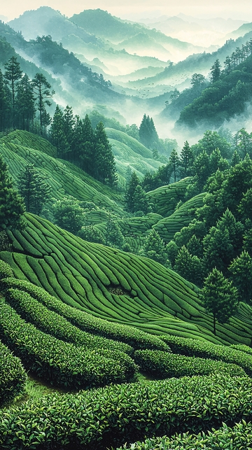 雾气缭绕的茶山风景