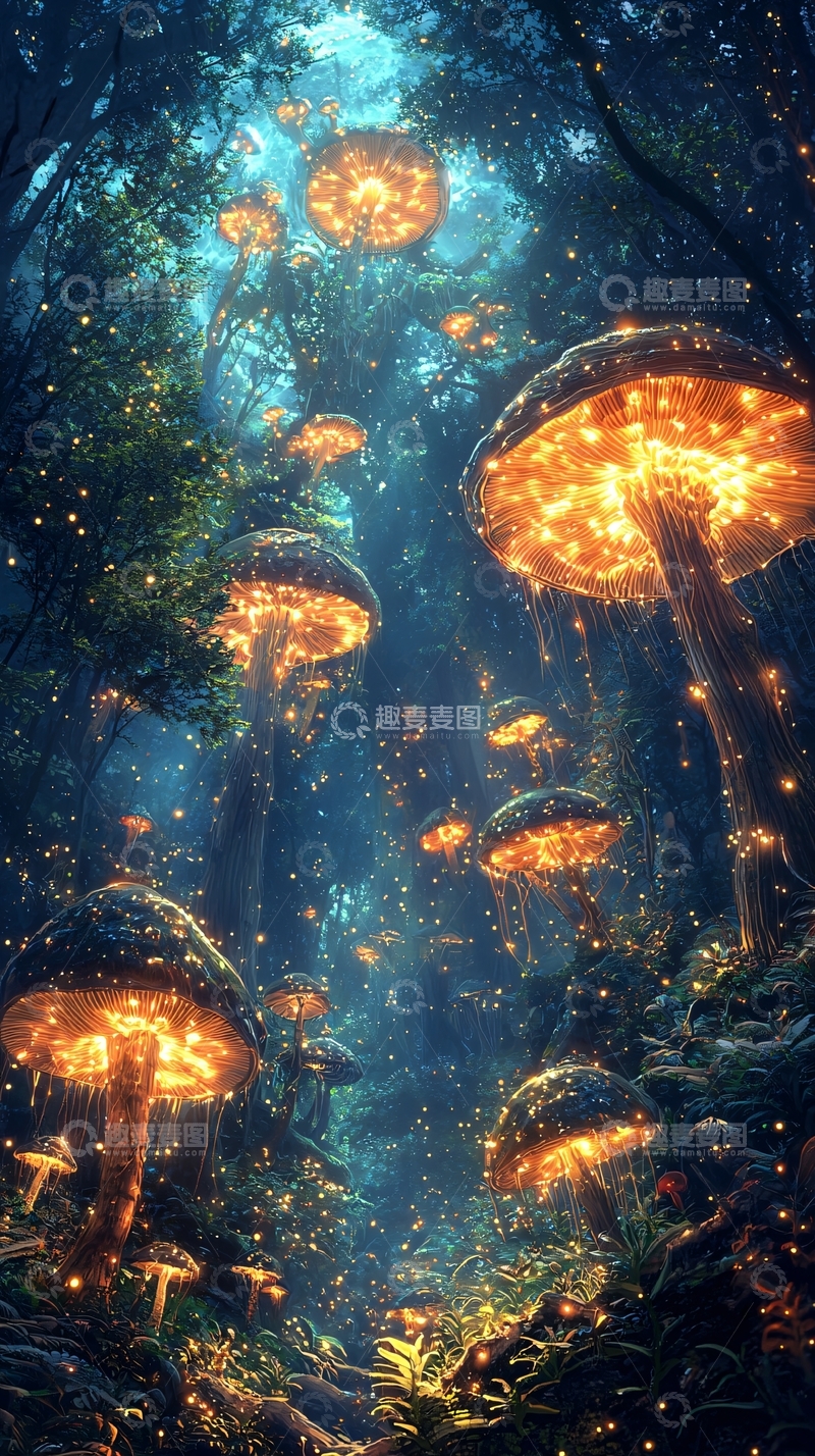 高清大图下载【趣麦麦图】梦幻森林发光蘑菇