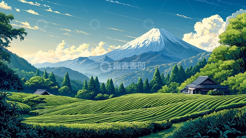 高清大图下载【趣麦麦图】富士山茶园风景画