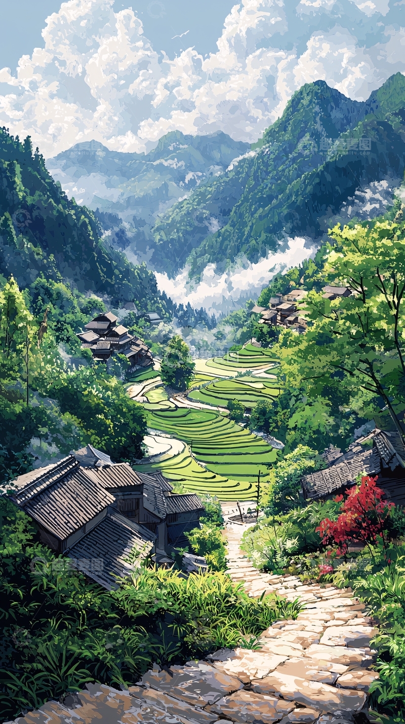 高清大图下载【趣麦麦图】山村梯田风景图