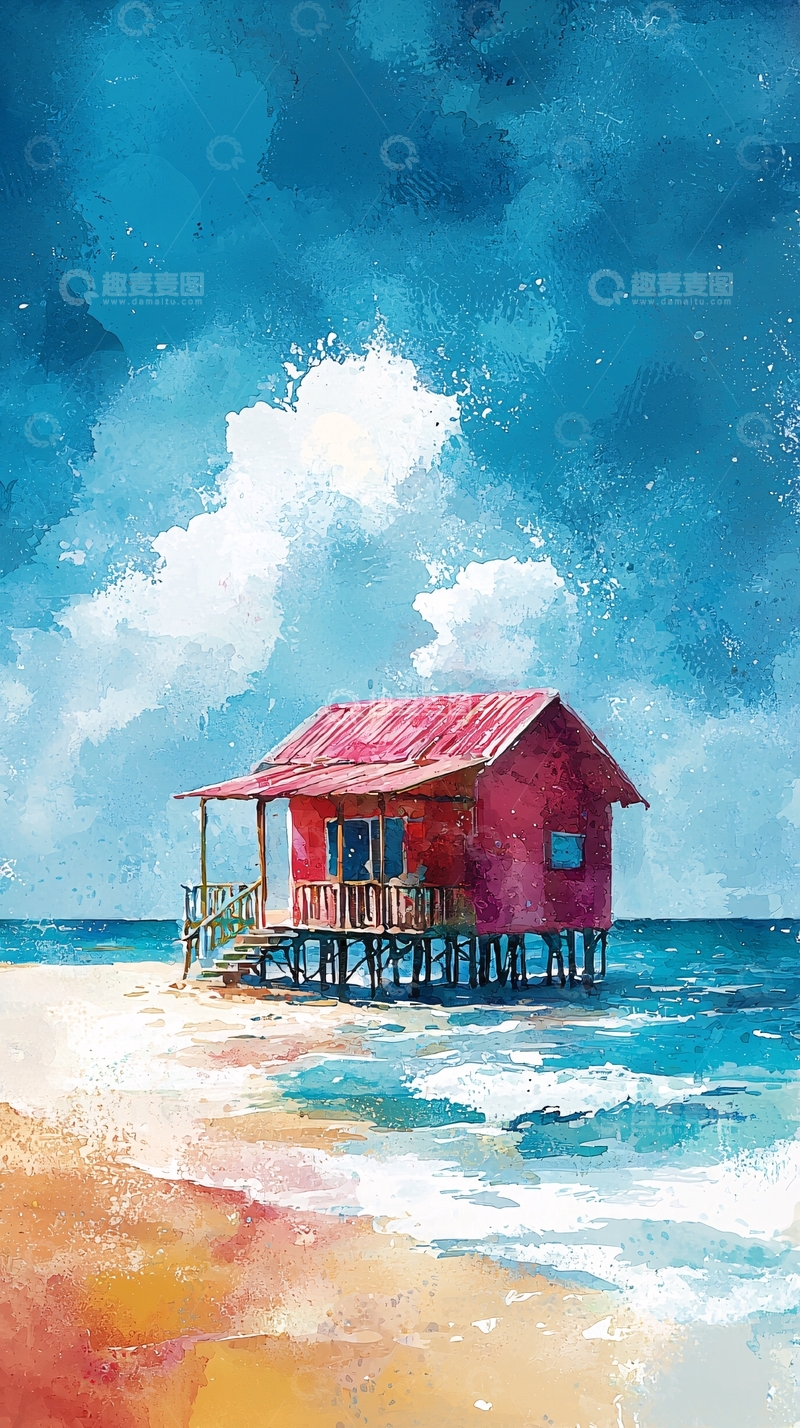 高清大图下载【趣麦麦图】红房子海边风景画