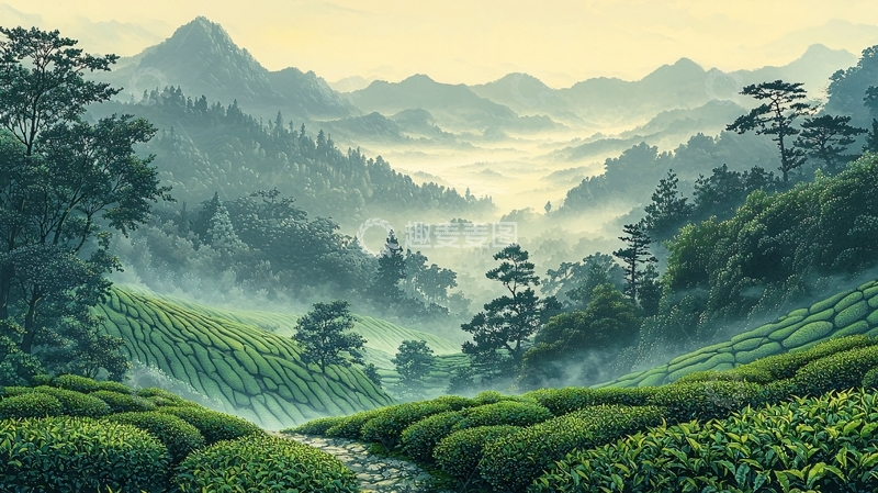 高清大图下载【趣麦麦图】山间茶园雾气朦胧