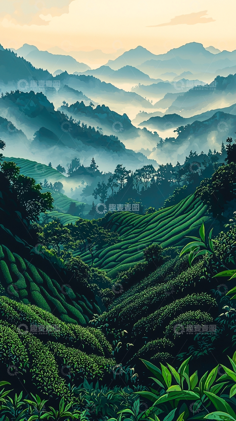 高清大图下载【趣麦麦图】雾气缭绕的山峦茶园
