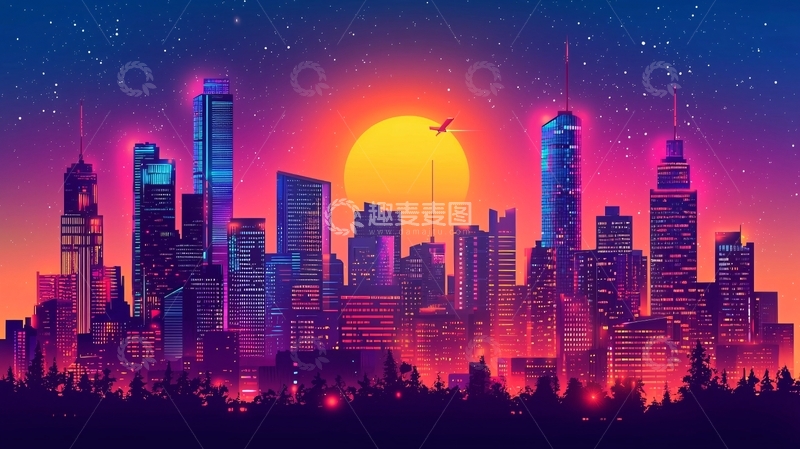 高清大图下载【趣麦麦图】复古未来都市夜景