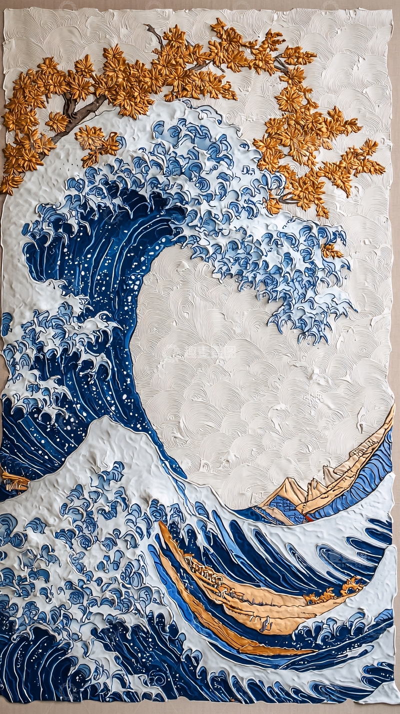高清大图下载【趣麦麦图】浮世绘风格立体海浪图