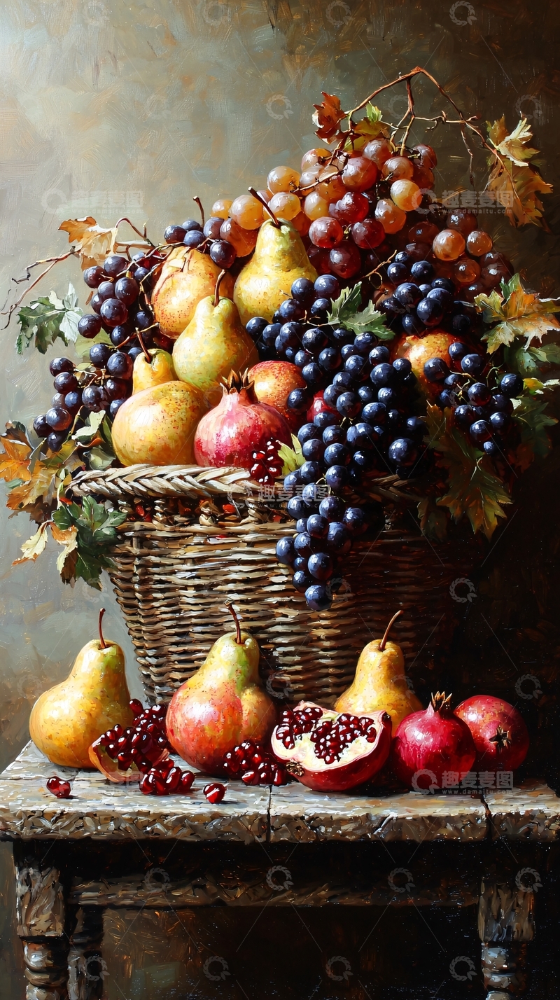 高清大图下载【趣麦麦图】水果篮静物油画