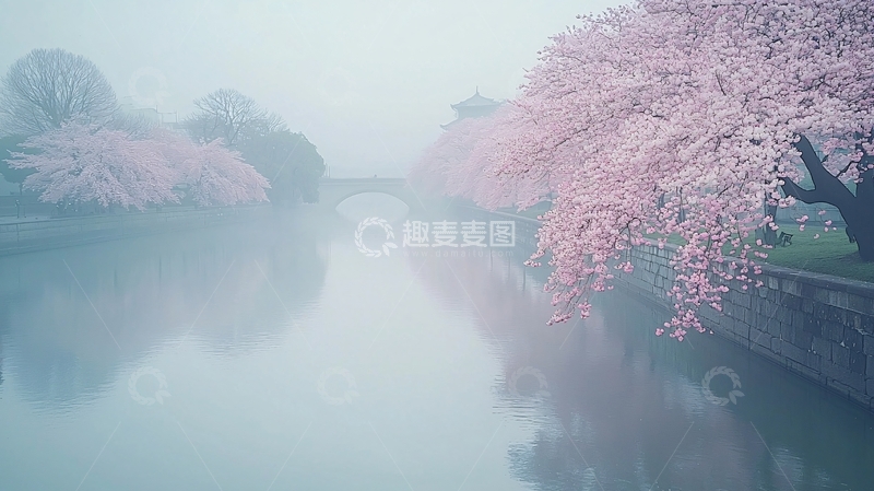 高清大图下载【趣麦麦图】雾中粉红色的樱花树