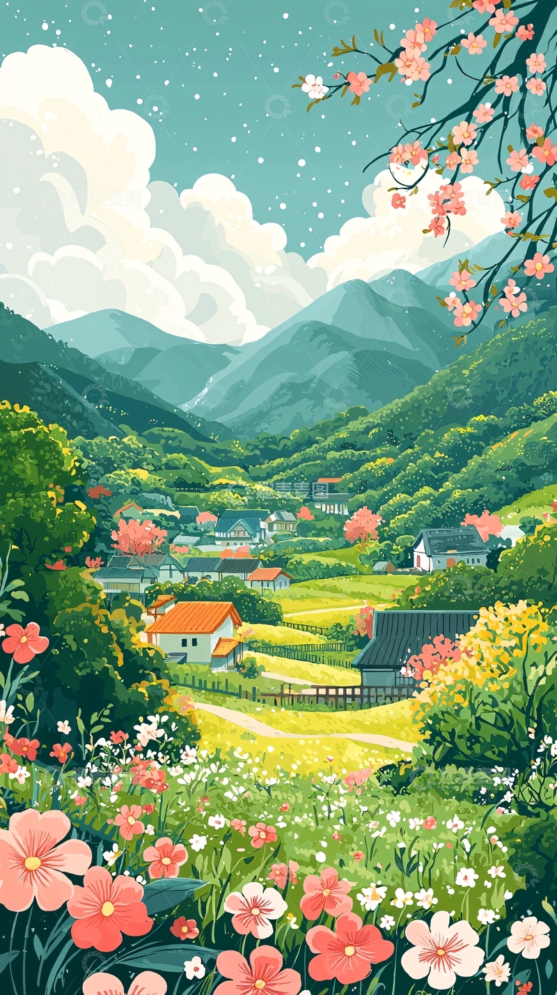 高清大图下载【趣麦麦图】春日山村
