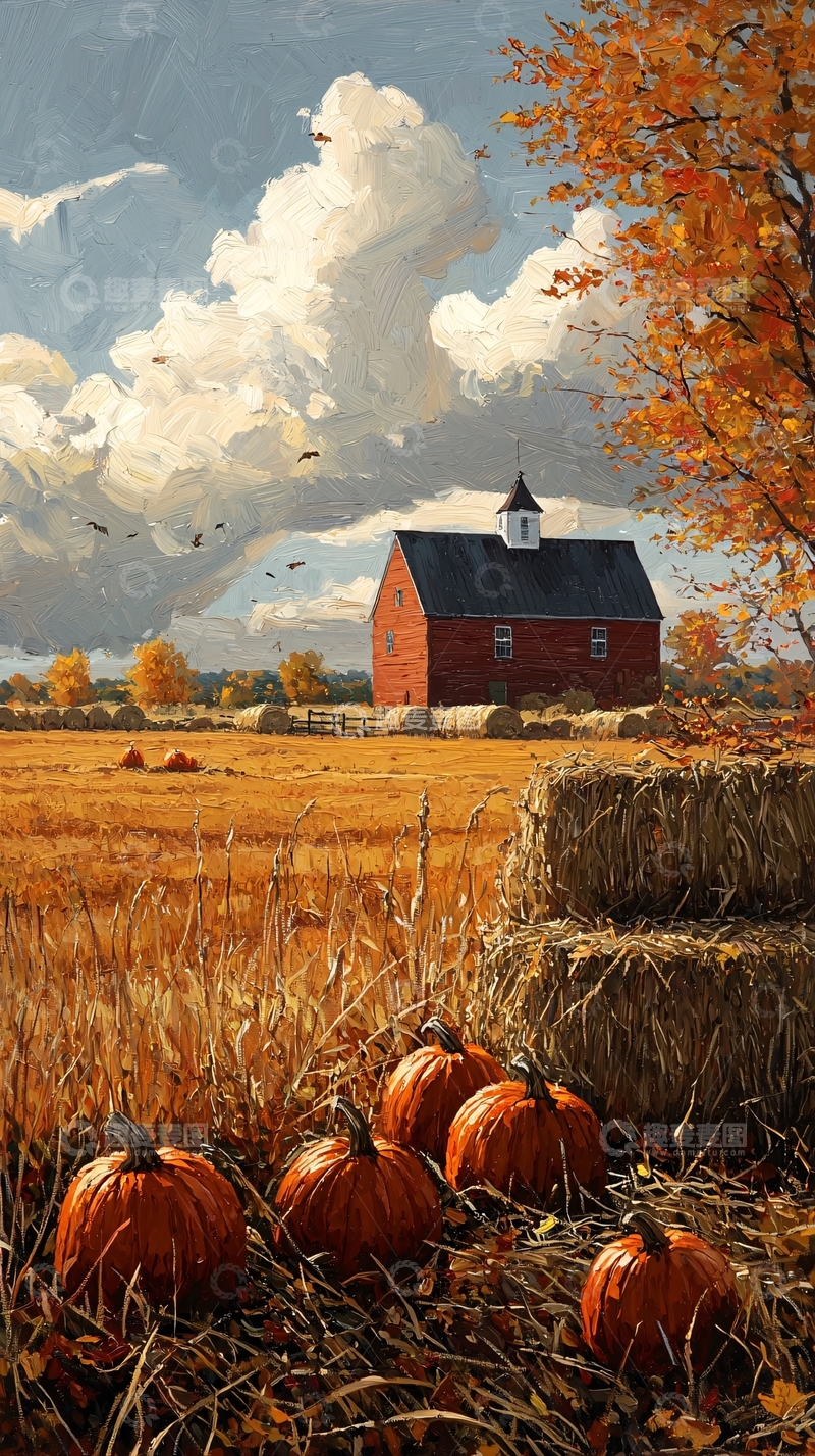 高清大图下载【趣麦麦图】秋日田园红谷仓南瓜