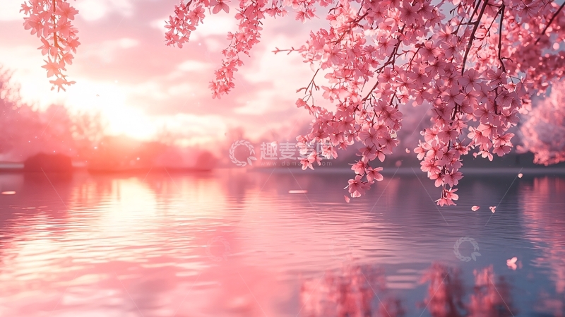 高清大图下载【趣麦麦图】粉色樱花日出湖景
