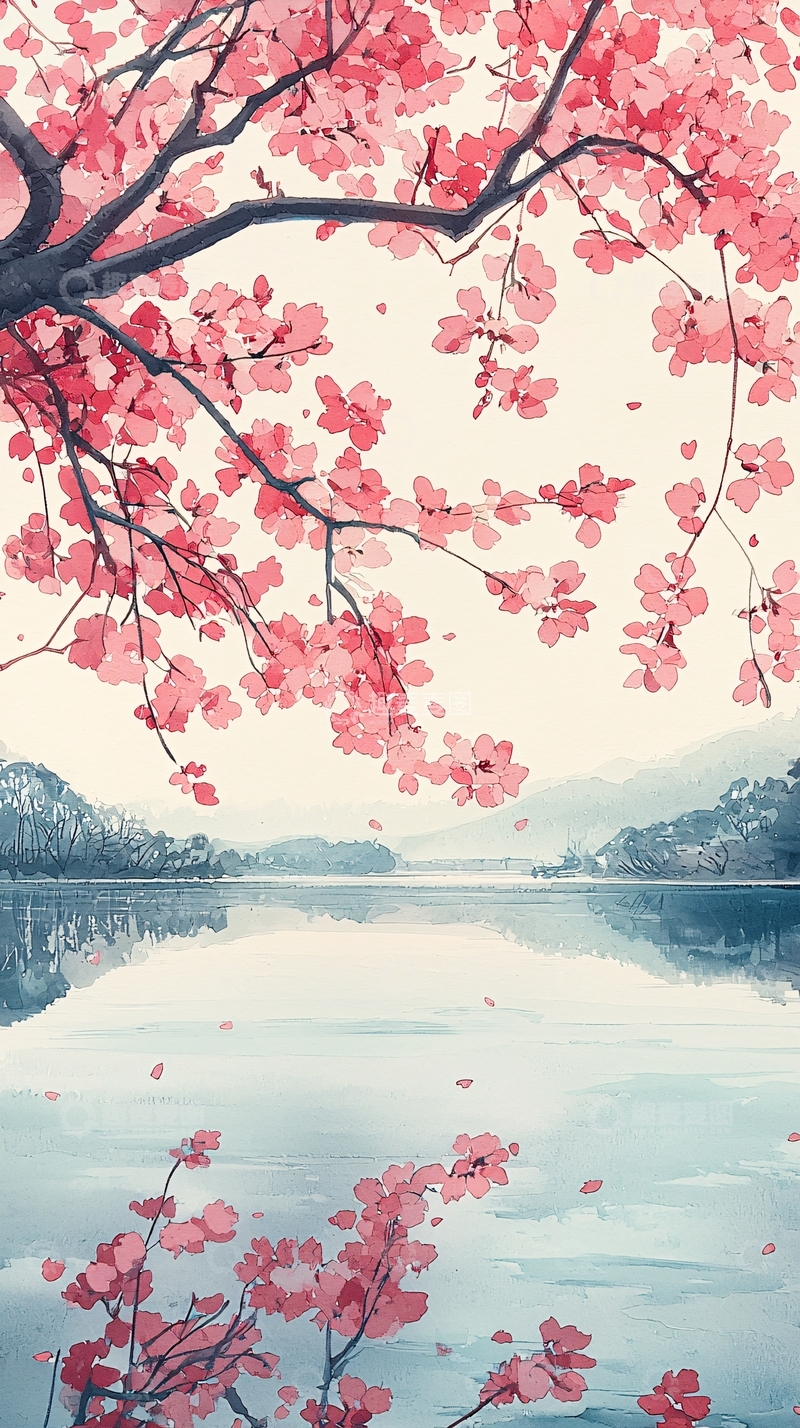 高清大图下载【趣麦麦图】粉色樱花湖边风景