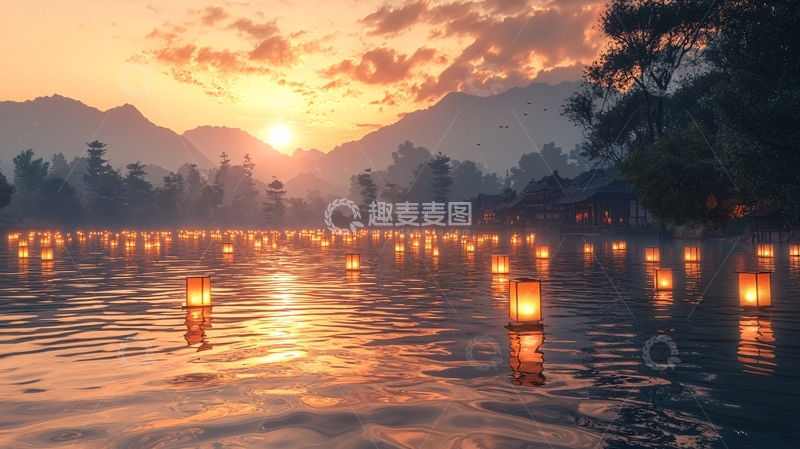 高清大图下载【趣麦麦图】夕阳西下河面灯火