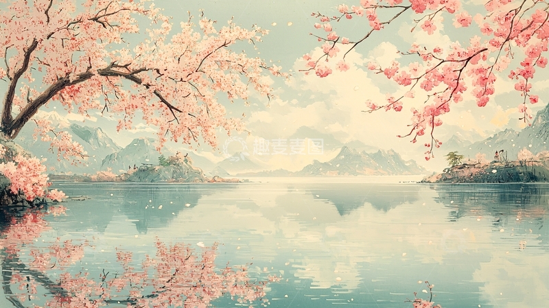 高清大图下载【趣麦麦图】粉色樱花湖泊山水画