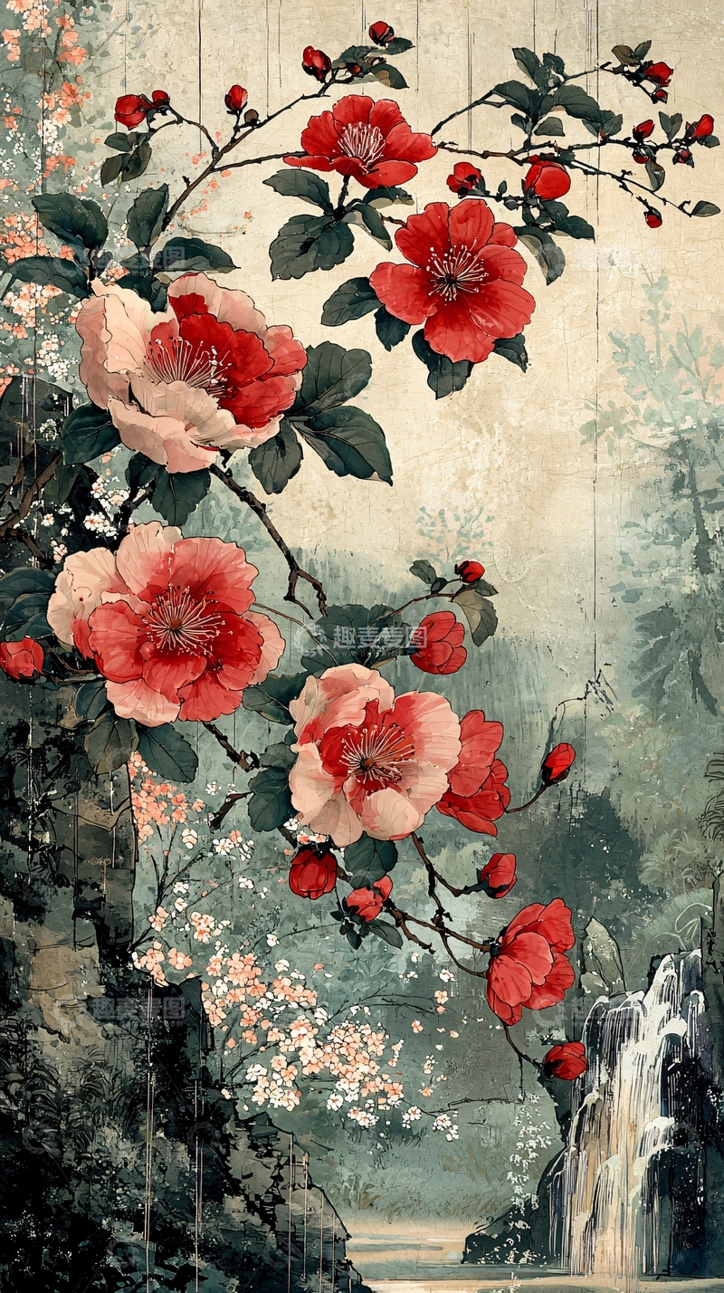 高清大图下载【趣麦麦图】红花绿叶瀑布背景