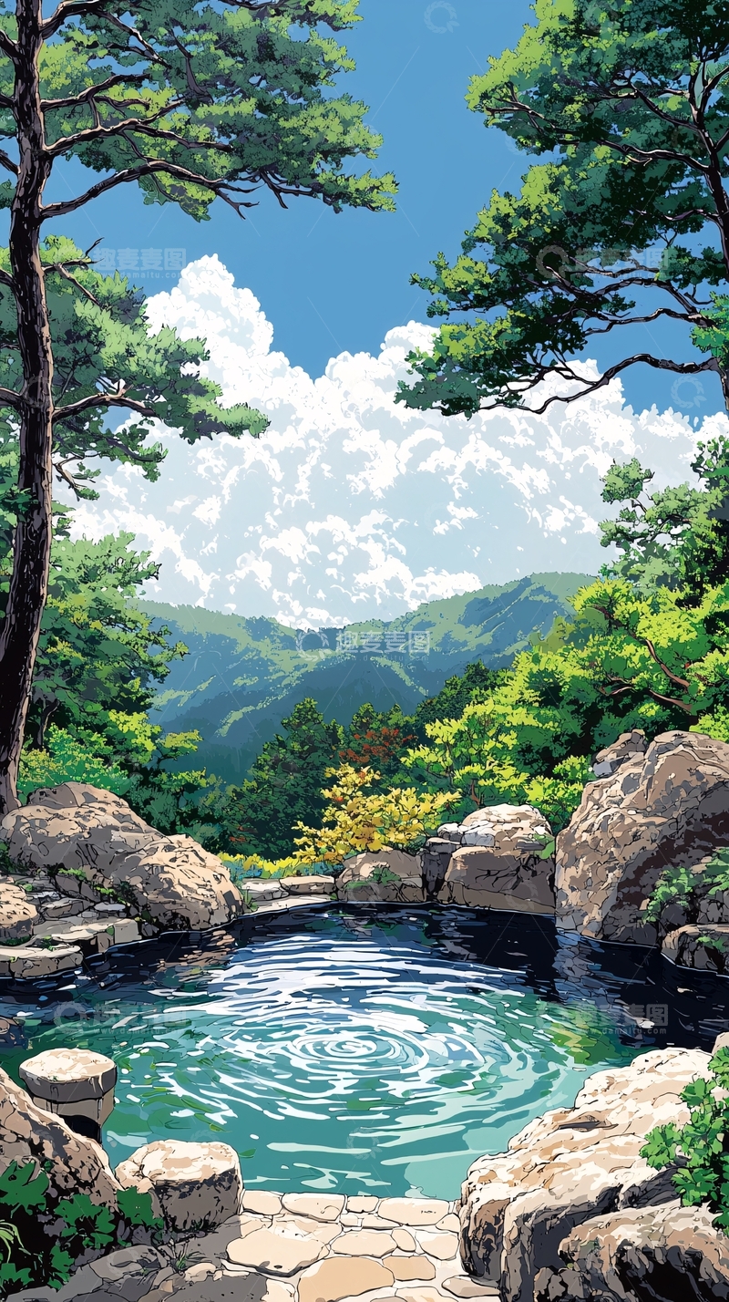 高清大图下载【趣麦麦图】葱郁树木掩映下的清澈水池