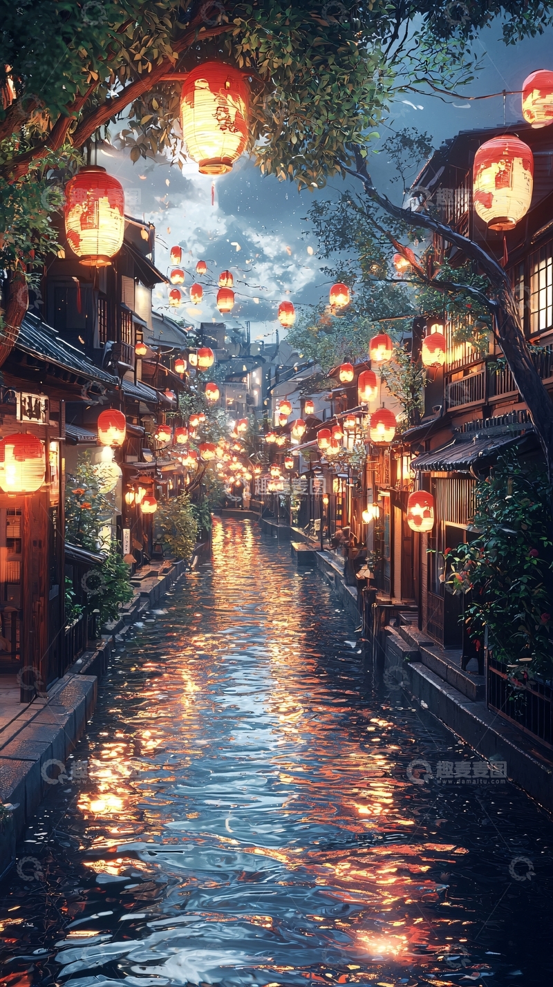 高清大图下载【趣麦麦图】夜晚河道灯笼古镇