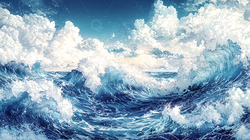 高清大图下载【趣麦麦图】蔚蓝大海波涛汹涌的云层