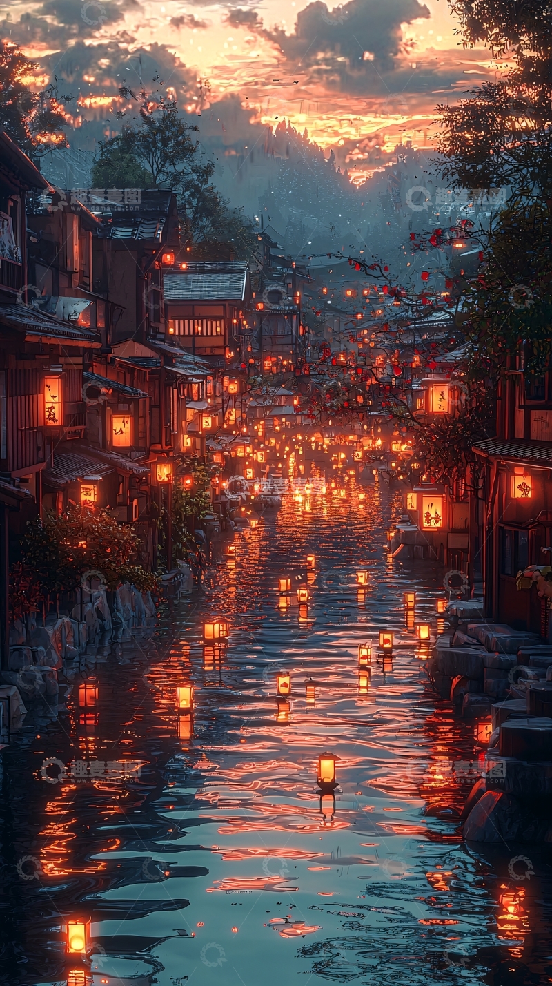 高清大图下载【趣麦麦图】夜色下的日式小镇