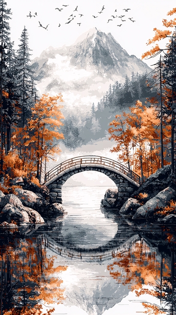 秋日山林拱桥倒影