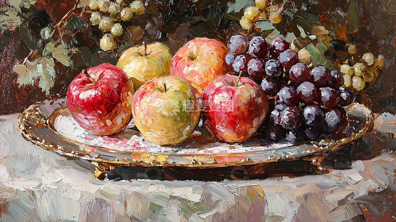高清大图下载【趣麦麦图】静物油画苹果葡萄